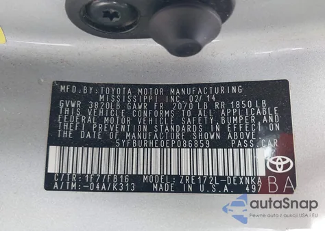 2014 Toyota Corolla Le z USA, uszkodzony, nr VIN 5YFBURHE0EP086859